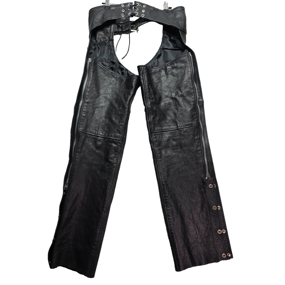 Interstate Leather Riding Chaps Black Pocket Side Zip Moto Biker Unisex Size XS